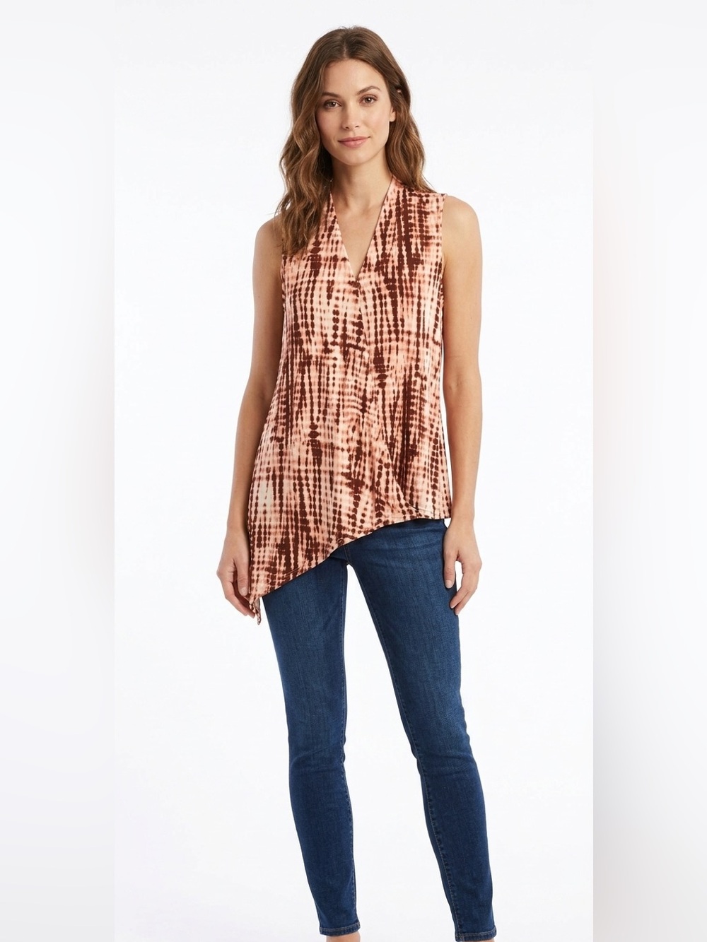 NWT Simple Brown/White Tunic Tie Dye Asymmetrical Sleeveless Top Women’s